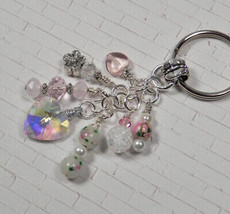 Heart Flower Crystal Beaded Handmade Keychain Split Key Ring White Pink - $16.82