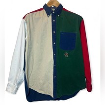 Vintage 90s Tommy Hilfiger Men Medium 100% Cotton Colorblock Button Down Shirt - $26.93