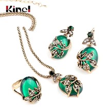 3Pcs Green Oval Crystal Flower Jewelry Sets Antique Gold Vintage Ring Earring Pe - £10.93 GBP