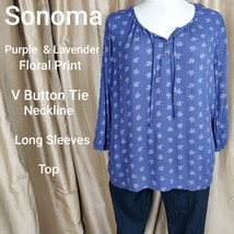 Sonoma Purple &amp; Lavender Floral Print Button Neck Top Size XXL - £9.45 GBP