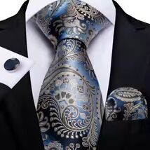 Blue with Biege/Silver Paisley Necktie, Hanky, and Cufflinks - $18.99