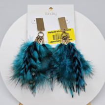 LANDRY Feather Earrings Teal Gold NEW Long Dangle Drop Party Holiday Show - £10.35 GBP