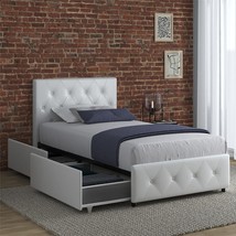 Dhp Dakota Upholstered Platform Bed With Underbed Storage, White Faux Leather - £305.18 GBP