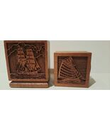 2 pc Vtg Walnut Laser Engraved SHIP THEME Desk Set Paperweight Clip Pen ... - $10.00