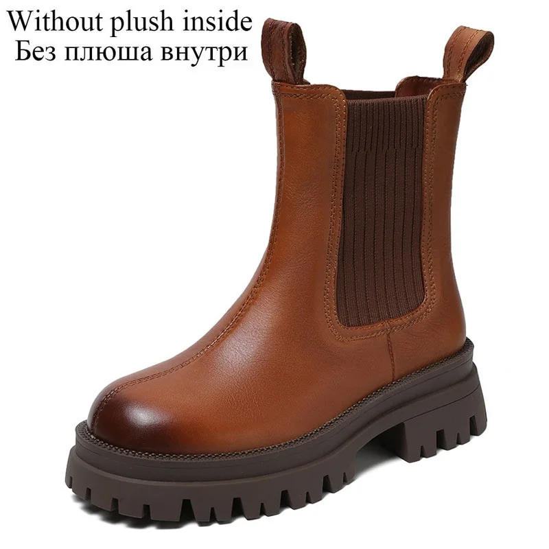 Handmade Genuine Leather Mid-Calf Boots Women Autumn Winter Warm Slip On... - $122.08