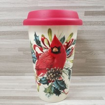 Lenox Winter Greetings Cardinal 10 oz. Travel Mug Beige Red - £19.22 GBP