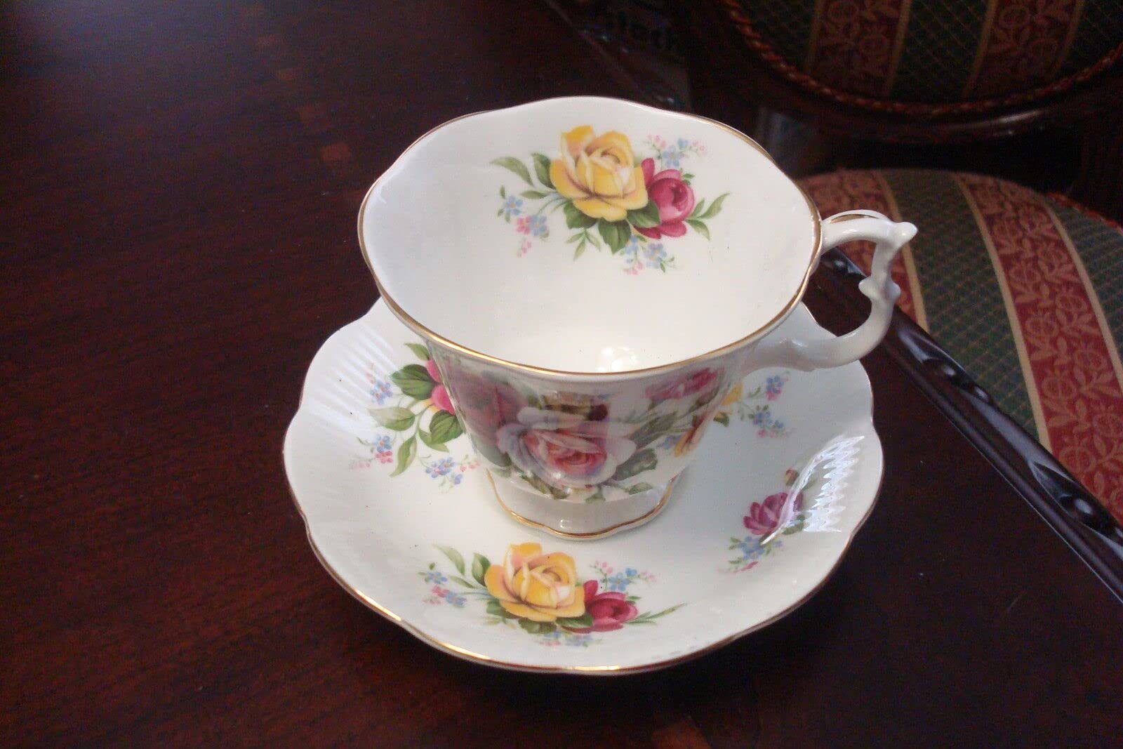Royal Albert England Footed Cup &amp; Saucer, Pink, Yellow Roses &amp; Gold [A5#3] - $49.00