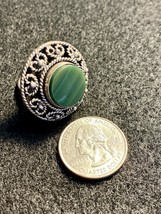Vintage Taxco Mexico Sterling Silver &amp; Green Hard Stone Ring Heart Motif - £79.88 GBP