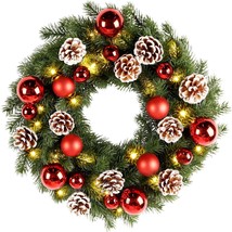 Christmas Front Door Wreath, 15.7&quot; Pre-Lit Wreath With Christmas Balls And Pine  - £52.19 GBP