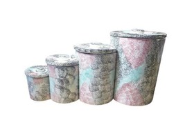 Vintage Guyroc Sponge Painted Gray Mint Pink Ceramic Inset Canister Set ... - £44.52 GBP