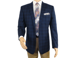 Men&#39;s Soft Wool Cashmere Sport Coat English Plaid Window Pane 556-11 Nav... - £110.60 GBP