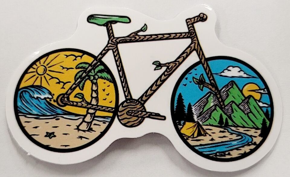 Primary image for Bicycle With Beach and Mountain Camping Scenes in Wheels Sticker Decal Awesome