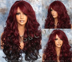 Beautiful Human hair Blend Deep Burgundy Black Long Full Wig with curls and bang - $119.95