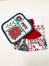 Vintage 80’s Christmas Hand Crocheted Poinsettia Top Hand Towel &amp; Pothol... - £9.39 GBP