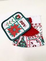 Vintage 80’s Christmas Hand Crocheted Poinsettia Top Hand Towel &amp; Pothol... - £9.46 GBP