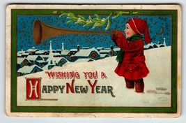 New Year Postcard Boy Blowing Big Horn Churches Moon Village Bernhardt Wall 1909 - £14.20 GBP