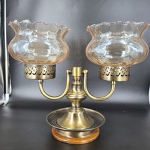 Vintage Candelabra Candle Holder Bronse With 2 Irridescent Amber/Pink Shades  - $47.40