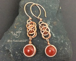 Handmade copper earrings: chainmail helm weave with wire wrapped red agate - £21.35 GBP