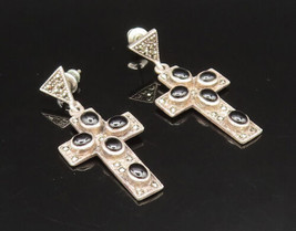 925 Silver - Vintage Onyx &amp; Marcasite Religious Cross Earrings - EG11744 - $45.69