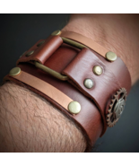 Steampunk Gear Cuff / Bracelet, Leather and Alloy, Brown and Black Leath... - £9.43 GBP