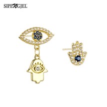 Gold Color Blue Eye Asymmetrical Stud Earrings For Women Fatima Hamsa Drop Ear P - £8.52 GBP