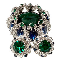Stunning VTG Vendome Set Brooch/ Earrings Huge Green Blue Silver Filigre... - $311.85