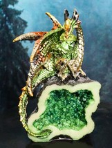 Terra Green Iridescent Dragon On Faux Geode Rock Quartz Crystal Cove Figurine - £16.77 GBP