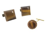 Vintage  Square Tigers Eye Cufflinks Gold Tie Tac Pin Set 70&#39;s Cuff Link... - £10.90 GBP