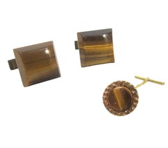 Vintage  Square Tigers Eye Cufflinks Gold Tie Tac Pin Set 70&#39;s Cuff Links Brown - £11.14 GBP