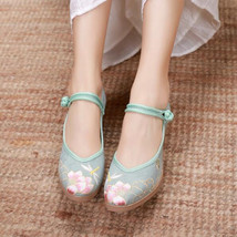 Summer Women Cotton Fabric Embroidered Pumps Ladies Vintage Button Mary Jane Dre - £27.03 GBP