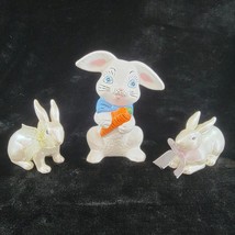 Easter Bunny Lot of 3 Ceramic Bunny w Carrot + 2 Pearlescent Resin Bunnies Vtg - £9.65 GBP