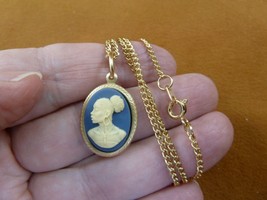 CA30-75 RARE African American LADY blue + ivory CAMEO brass Pendant necklace - £19.85 GBP
