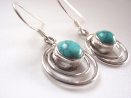 Simulated Turquoise Round and Concentric Hoops 925 Sterling Silver Earrings - £12.22 GBP