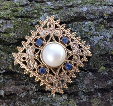 Vintage Faux Pearl and Sapphire Brooch - £11.88 GBP