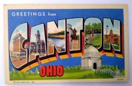 Greetings From Canton Ohio Large Big Letter Linen Postcard Curt Teich Unused - £10.48 GBP