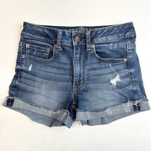 Primary image for American Eagle Shortie 6 Super Stretch Denim Blue Jean Cuffed Shorts Distressed