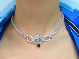 30 CT Simulated Ruby &amp; Diamond Women&#39;s Tennis Necklace925 Silver Gold Plated - £221.57 GBP