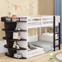 Twin over Twin Boat-Like Shape Bunk Bed with Storage Shelves, Cream+Espresso  - £372.97 GBP