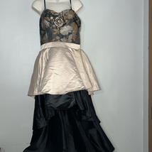 Venus Hi Low Ruffle Gown Dress Women 6 Gold Black Satin Steampunk Size 14 - £35.50 GBP