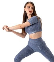 FLEXSOO Blue Melange Vegan Comfort Short Sleeve Athletic Activewear Crop of Trai - £18.84 GBP