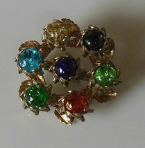 Vintage Multi-Color Bubble Glass Stone &amp; Gold Tone Leaf Brooch Pin - $35.05