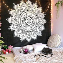 Mandala Tapestry Wall Hanging Cotton Bedsheet (Black, 84x54 Inches) - £18.59 GBP