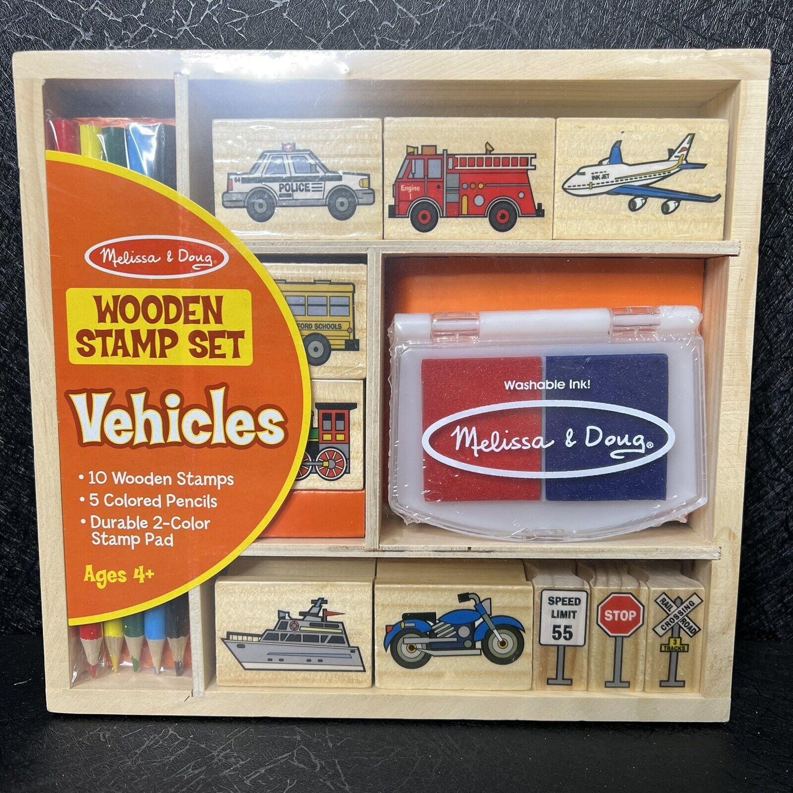 Melissa and Doug Vehicle Wooden Stamp Set Colored Pencils Stamps Ink NEW Sealed - £5.60 GBP