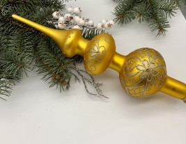 Big gold with gold glitter Christmas glass tree topper, Christmas finial - $23.35