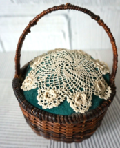 Vintage Handmade Wicker Basket Pin Needle Cushion Hand Crochet Doily &amp; Velvet - £17.98 GBP