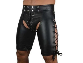 Waist 34 Men&#39;s Real Cowhide Leather Chaps Shorts Laces Up Chaps Cuir Schwarz Gay - £55.64 GBP