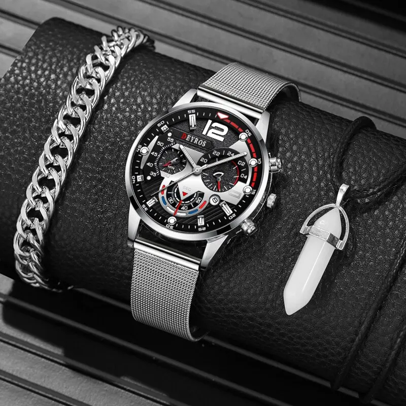 3PCS Set Fashion Mens Calendar  Men Business Steel  Belt Watch Male Casual Neck  - $55.40