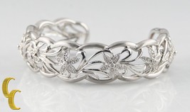 Gorgeous Sterling Silver Filigree Cuff Bracelet with Diamond-Studded Flowers - £161.18 GBP