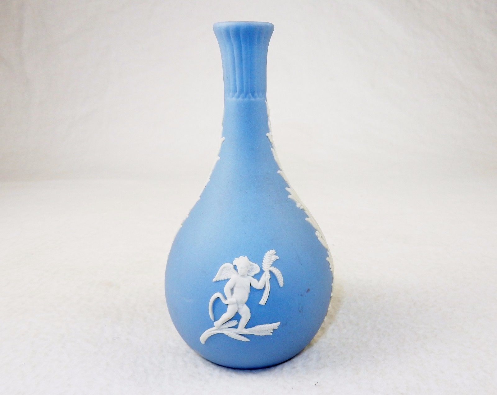 Wedgwood Blue Jasperware Bud Vase, Not Dated, Cherub w/Sickle & Cherub w/Fire - $29.35