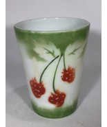 BLOWOUT - Vintage Stenciled Hand Painted Strawberry Leaves White Glass Cup - $8.91